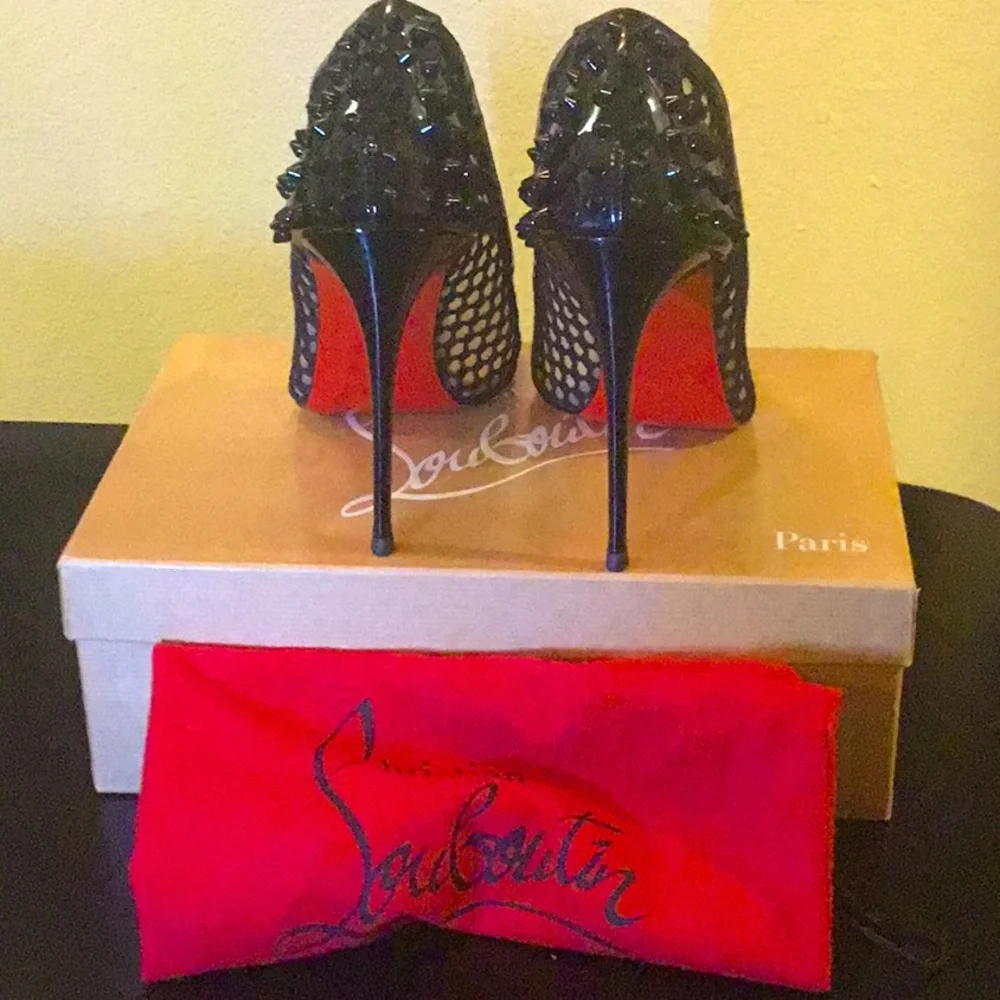 Christian Louboutin , spiked back, black Mesh,Patient Leather, webs (42)”12 🌹🌹 - Picture 5 of 7